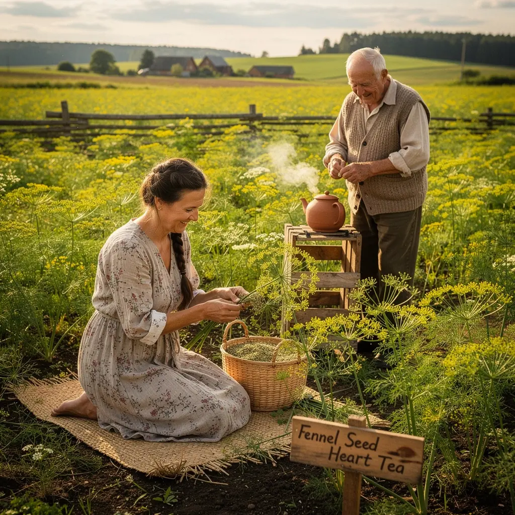 Žolelių mišinio ingredientai, įskaitant krapus ir anyžių, pavaizduoti ant stalo.